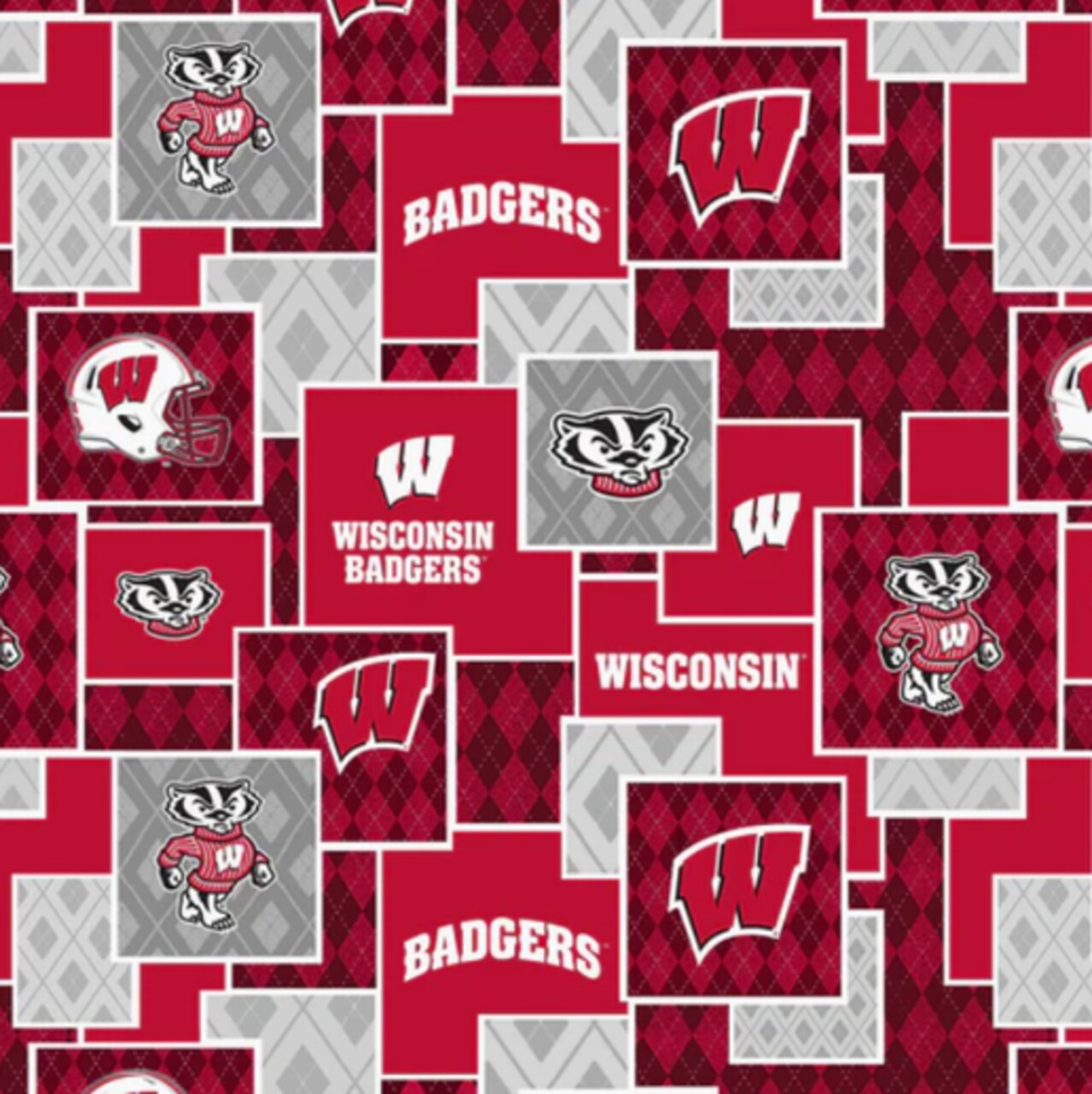 Licensed NCAA University of Wisconsin Argyle Boxes Cotton Fabric by the Yard